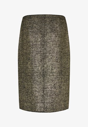 Metallischer Bleistiftrock mit strukturierter Oberfläche, bestehend aus einer Mischung aus schwarzen und goldenen Fäden, gerader Schnitt und Rückennaht-Detaillierung.