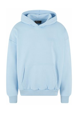 Helleblaue Kapuzenjacke aus weichem Stoff. Mit einer vorderen Kängurutasche, gerippten Bündchen und dem eingravierten 'DROPSIZE'-Logo auf der Brust.