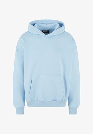 Light blue hoodie made of soft fabric. Features a front kangaroo pocket, ribbed cuffs, and 'DROPSIZE' logo embossed on chest.