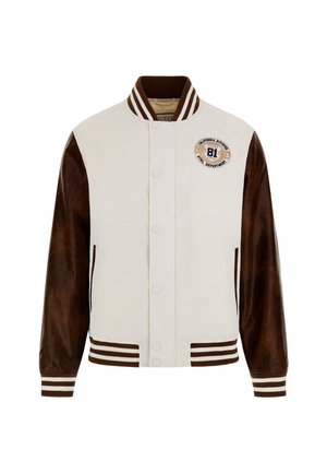 Men's varsity jacket featuring a white body, brown leather sleeves, striped ribbed cuffs and collar, and a round logo patch on the chest.