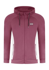 Bordeaux zip-up hoodie med fast hætte, hvide sidestykker og sorte snore. Har et lille logo på venstre side foroven. Glat tekstur.