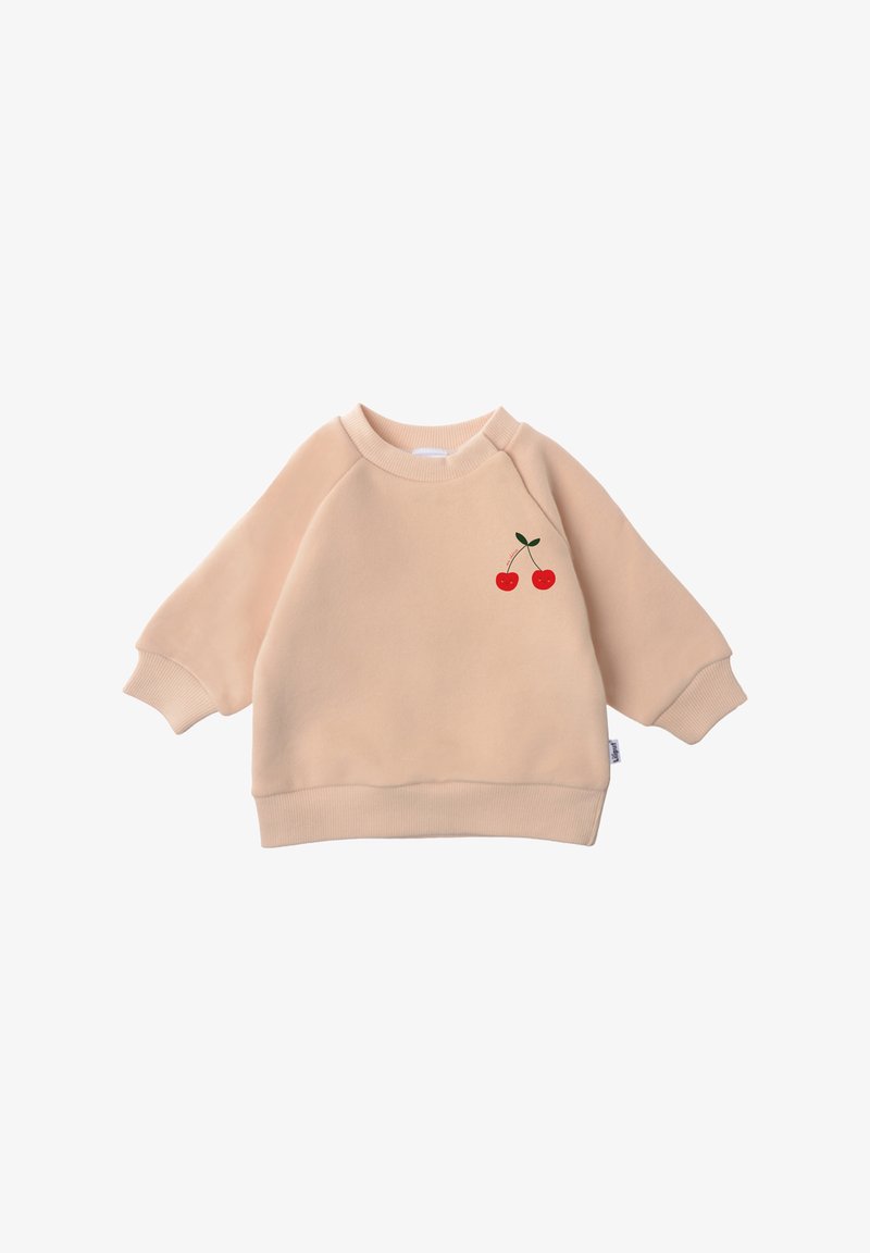 Peach-colored sweatshirt made of soft fabric, featuring a round neckline, dropped shoulders, and embroidered red cherries on the chest.
