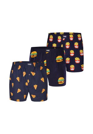 Tre marineblå boxershorts med madtryk: pizzastykker, hamburgere og røde beholdere med fries.