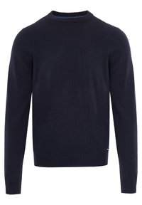 Námorně modrý svetr z měkkého pleteného materiálu, s kulatým výstřihem, dlouhými rukávy a vroubkovanými manžetami a lemem. Žádné viditelné vzory ani akcenty.