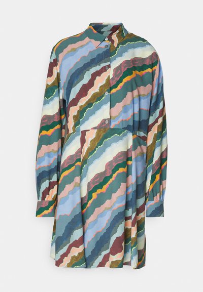 Multicolored dress with long sleeves and a button-down collar. Features wavy stripes in green, blue, pink, and brown hues. Soft fabric texture.