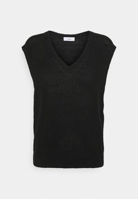 Černá pletená vesta s V-výstřihem, bez rukávů a texturovaným vzorem. Materiál vypadá jako lehký a prodyšný.