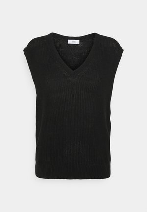 Schwarze Strickweste mit V-Ausschnitt, ärmellosem Schnitt und strukturiertem Muster. Das Material wirkt leicht und atmungsaktiv.