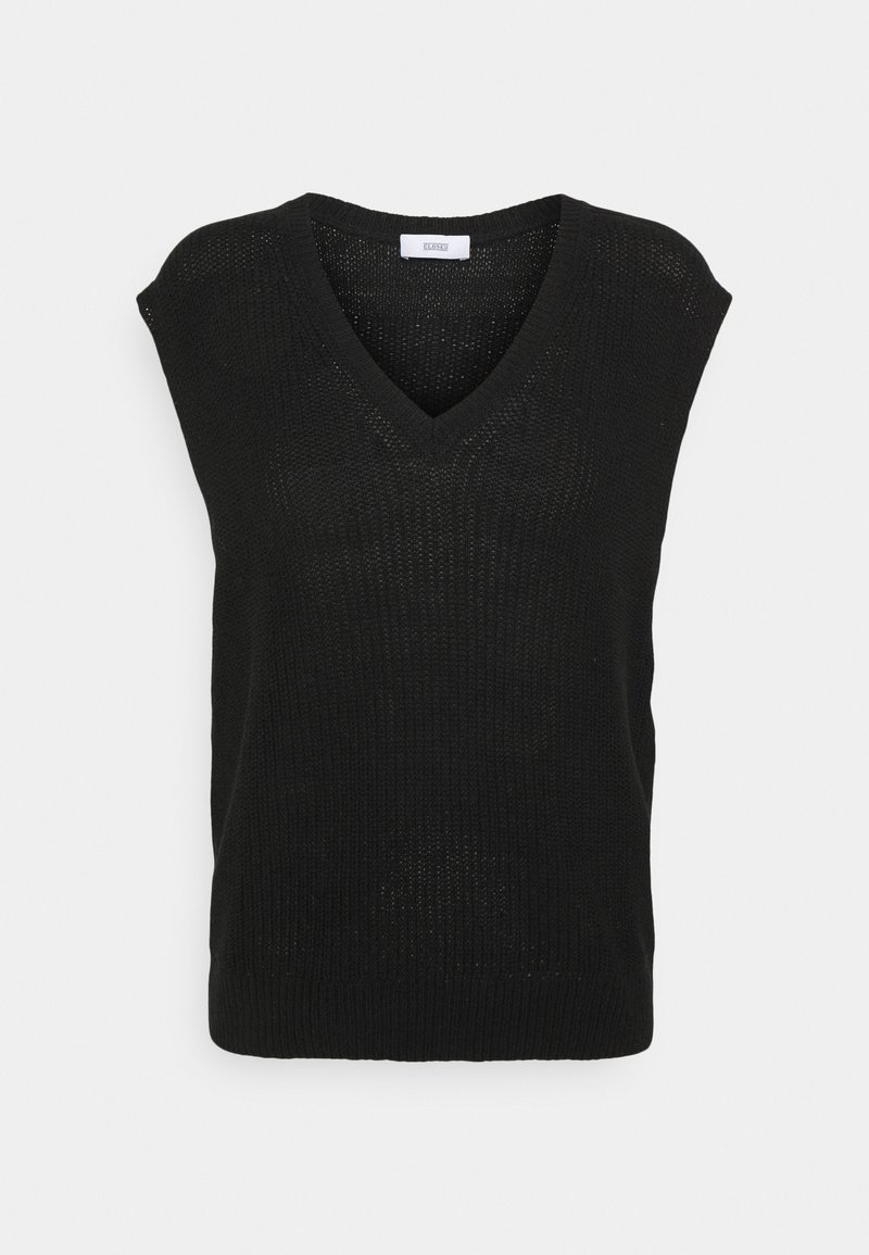 Černá pletená vesta s V-výstřihem, bez rukávů a texturovaným vzorem. Materiál vypadá jako lehký a prodyšný.