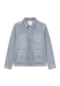 Light blue denim jacket with a pointed collar, front button closure, and two large front pockets. Soft texture, casual design.