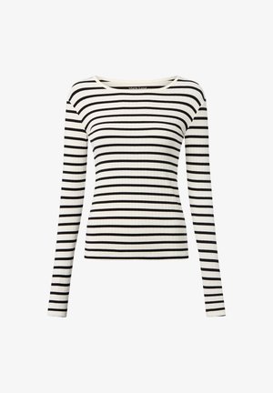 Striped long-sleeve top in black and white ribbed fabric, featuring a wide neckline and slim fit silhouette.