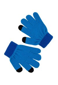 Een paar blauwe gebreide handschoenen met zwarte tips op de duimen en wijsvingers voor touchscreen gebruik.