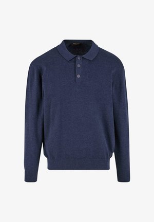 Polo shirt bleu marine à manches longues avec trois boutons et des poignets et un ourlet côtelés.