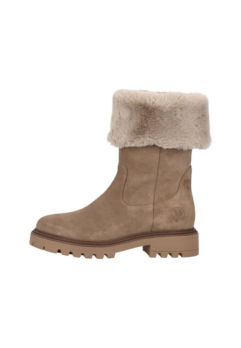 Klisterlade ankelbot med tjock gummisula och vikt ljusbrun syntetpälsfåll.