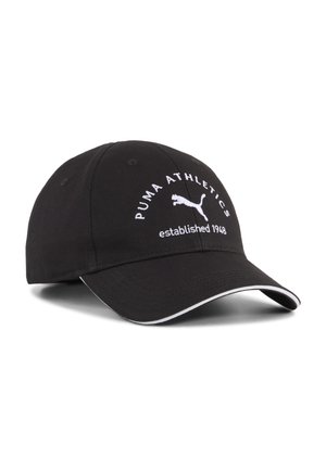 Sort baseball cap med hvidbroderet logo og tekst. Har en buet skygge og hvid piping langs kanten. Fremstillet af tekstilmateriale.