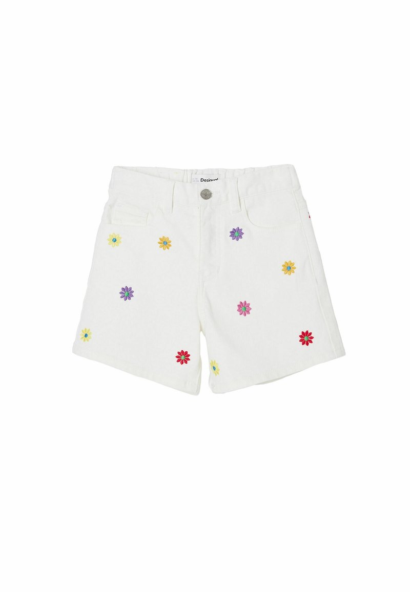 Short en jean blanc avec motifs de fleurs multicolores brodées et fermeture à bouton devant.