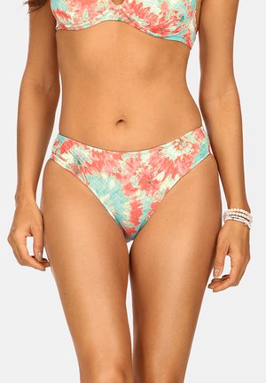 Zestaw bikini w wielokolorowy kwiatowy wzór z odcieniami różu, koralu i turkusu; teksturowany materiał, regulowane ramiączka oraz wysoki krój majtek.