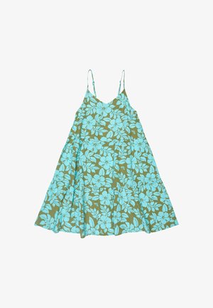 Mouwloze zomerse jurk met verstelbare bandjes, met blauwe bloemen- en bladmotieven op een olijfgroene achtergrond.