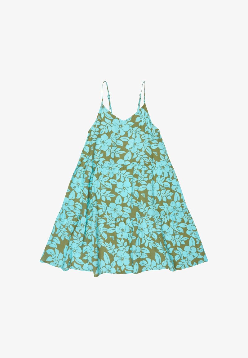 Letné šaty bez rukávov s nastaviteľnými ramienkami, zdobené modrými kvetinovými a listovými vzormi na olivovo zelenej farbe pozadia.