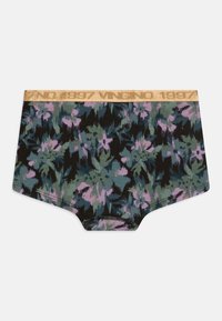 Puhább anyagból készült boxer alsónadrág, színes virágmintával zöld, lila és fekete árnyalatokban, arany elasztikus derékpánttal.