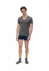 T-shirt grigia a maniche corte con scollo a V, boxer blu navy e calzini grigio scuro su modello maschile in piedi. Design semplice, tessuto morbido, stile aderente.