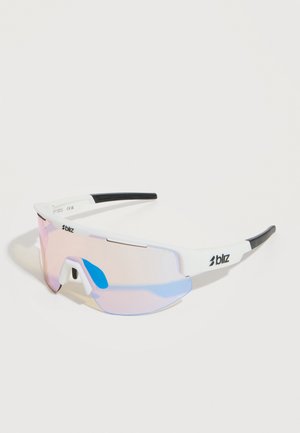 White sports sunglasses with a single pink-tinted lens, black temple tips, and "bliz" logo on the frame sides.