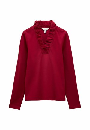 Dolga majica v temno rdeči barvi z nabranim V-izrezom, gladka tkanina in ravni rob.