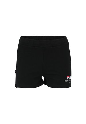 Pantalones cortos de algodón negros con cintura elástica y logo de Fila bordado en rojo y blanco en la parte inferior izquierda delantera. Diseño simple, con una longitud hasta la mitad del muslo.