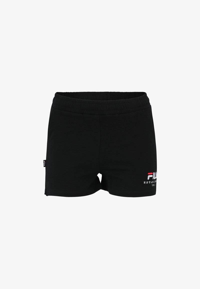 Shorts neri in cotone con vita elasticizzata e logo Fila ricamato in rosso e bianco sul lato sinistro in basso. Design semplice, lunghezza a metà coscia.
