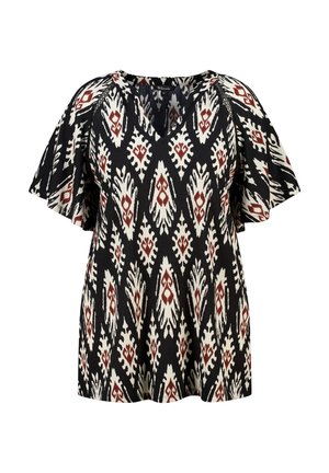 Zwarte blouse met korte mouwen en V-hals, met uitlopende mouwen en een witbruine, diamantvormige geometrische print.