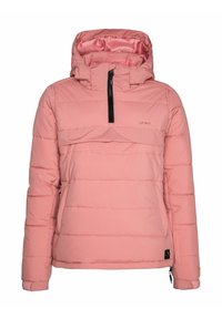 Veste d'hiver matelassée rose avec capuche, demi-fermeture éclair à l'avant, poches latérales et sangles de poignet ajustables, conçue pour les temps froids.