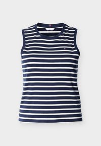 Μπλε ναυτικό αμάνικο τοπ με λευκές οριζόντιες ρίγες. Διαθέτει στρογγυλεμένο λαιμό και μικρό λογότυπο στο στήθος. Υλικό βαμβάκι, απαλό υλικό.