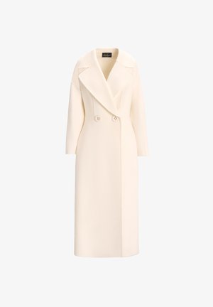 Cream, double-breasted coat with a wide lapel and long sleeves. Made from a smooth fabric, featuring two large buttons as hardware accents.
