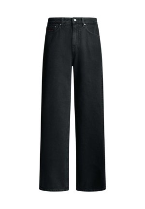 Schwarze Jeans mit weitem Bein aus Denim-Stoff, mit hoher Taille, Fünf-Taschen-Design und Metallbeschlägen. Strukturierte Oberfläche mit dezentem Used-Look.