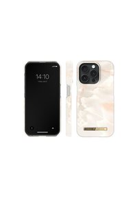 Funda para teléfono con un patrón veteado en blanco brillante y rosa pastel. Presenta recortes para la cámara y los botones, diseño de plástico ligero.