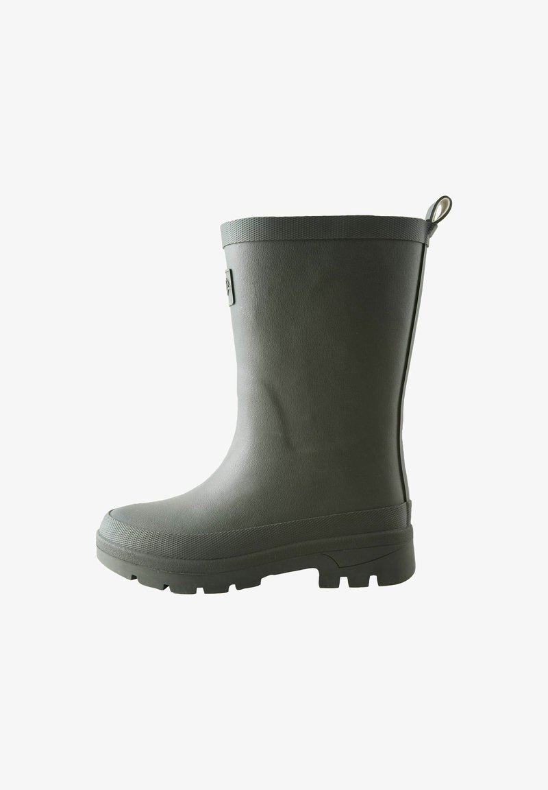 Botte de pluie en caoutchouc vert foncé de hauteur moyenne avec semelle épaisse et languette à l'arrière, vue de côté extérieure sur fond blanc.