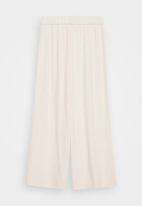 Pantalon à jambes larges en tissu beige clair doux avec une texture subtile, doté d'une ceinture élastique et sans fermetures ou poches visibles.