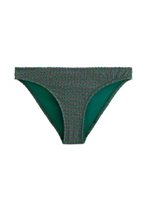 Chiloți de bikini verzi cu un model în carouri țesut multicolor și design cu tăietură înaltă la picior.