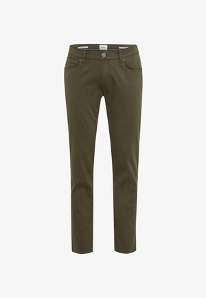 Pantaloni verde oliva in cotone, dal taglio slim, con chiusura a bottone e design a cinque tasche con sottili dettagli di cucitura.