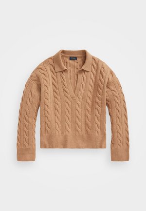 Sweter w kolorze wielbłądzim z splotem warkoczowym, z długimi rękawami, prążkowanym dołem i mankietami oraz głębokim dekoltem w serek.