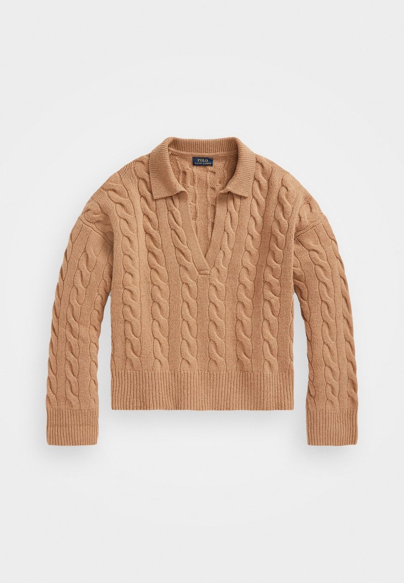 Pull couleur chameau en maille torsadée, manches longues, ourlet et poignets côtelés, col en V profond.