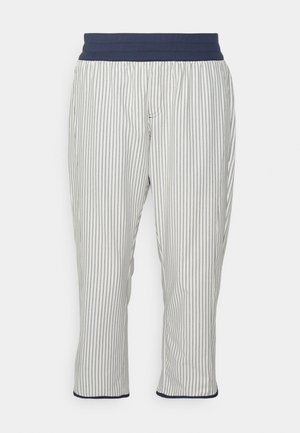 Pantaloni scurți ușori, cu talie elastică de culoare bleumarin. Au un model cu dungi verticale în nuanțe de gri și alb. Textură moale, croială lejeră.