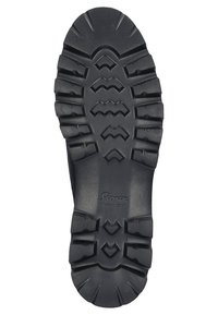 Black rubber boot sole with deep ridges, zigzag patterns, and raised accents for traction. Features embossed brand name.