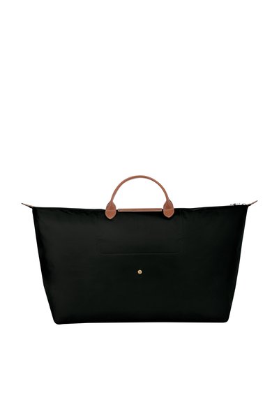 Große schwarze Nylon-Tragetasche mit braunen Ledergriffen, ausgestattet mit einer Fronttasche und einem goldfarbenen Hardware-Element. Reißverschlussverschluss.
