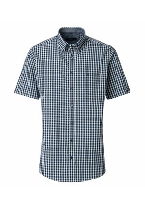 Short-sleeved shirt in navy and white gingham check pattern, cotton fabric, button-down collar, and pocket on the left side.