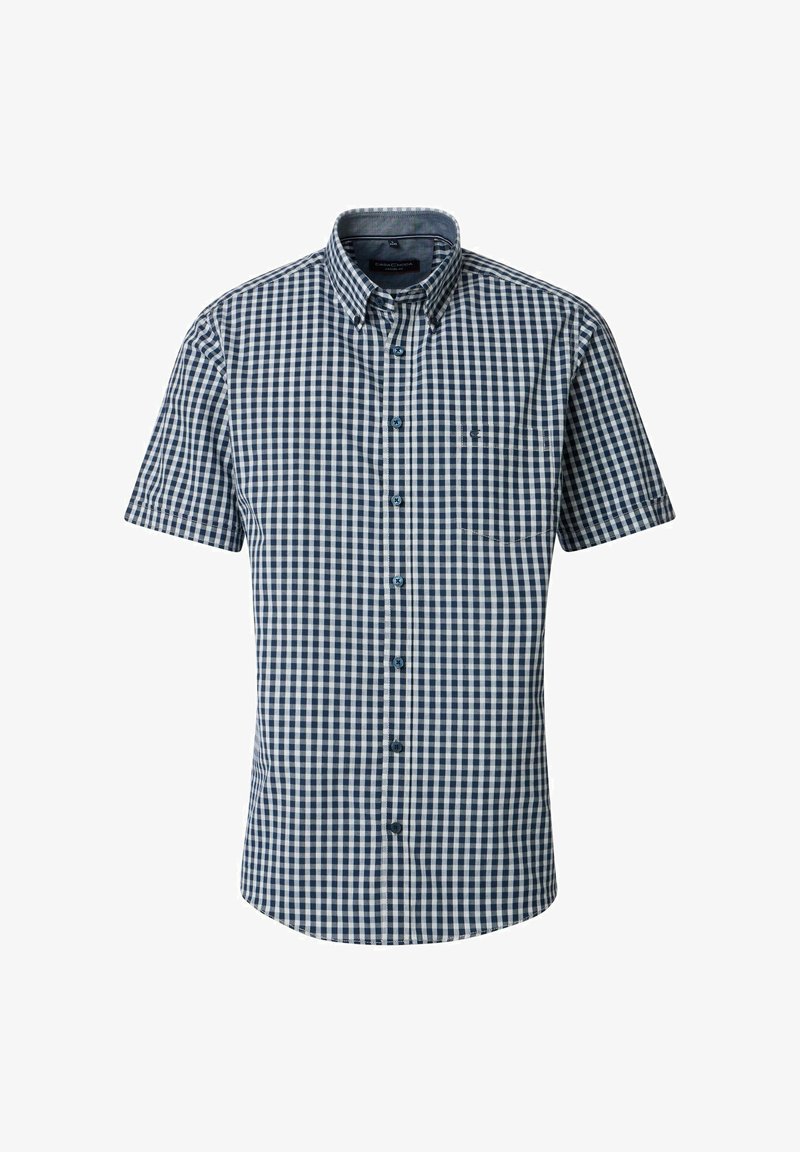 Korte mouwen overhemd in marineblauw en wit geblokt patroon, van katoen, met een button-down kraag en een zak aan de linkerkant.