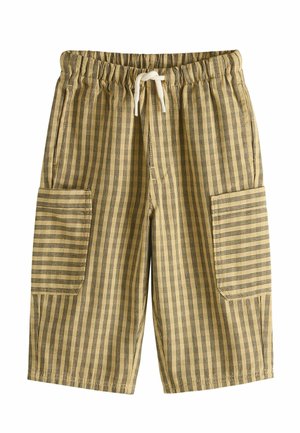 Beżowo-czarne, paskowane szorty do kolan z elastycznym pasem, białym sznurkiem oraz kieszeniami naszywanymi po obu stronach.