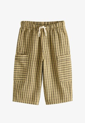 Beżowo-czarne, paskowane szorty do kolan z elastycznym pasem, białym sznurkiem oraz kieszeniami naszywanymi po obu stronach.