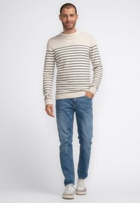Beige striped sweater with navy lines, round neckline, ribbed cuffs, paired with light blue jeans and beige sneakers. Plain background.
