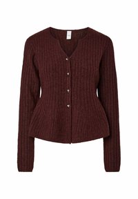 Cardigan bordeaux a coste con scollatura a V, vita aderente e maniche lunghe, caratterizzato da bottoni argentati lungo il davanti e una texture morbida.