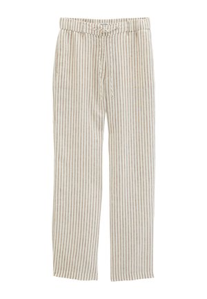 Pantaloni beige e bianchi a righe verticali con vita con coulisse e taglio a gamba dritta.